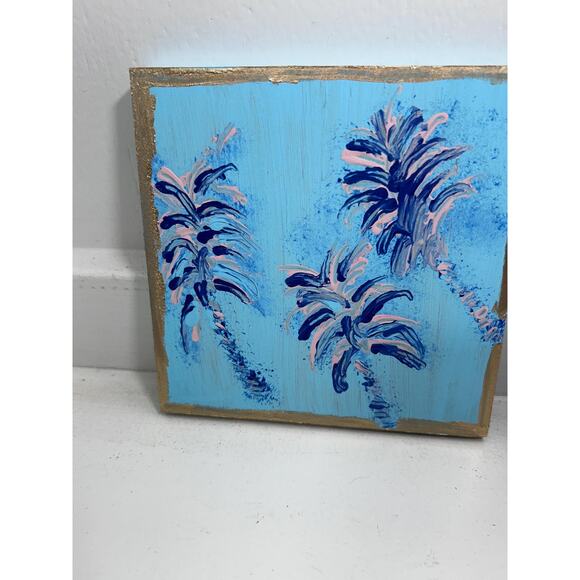 Lilly Inspired Palm Tree Art Decor Pink Green Hand Painted Wall Art 5x5 Wood - Picture 2 of 9